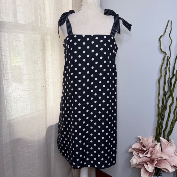 J.Crew Dresses & Skirts - NWT J.Crew Polka Dot Dress Tie Shoulder Silk Linen Blend Navy Women's Size 8